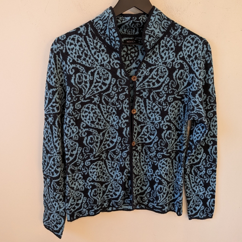Novica Women's Blue Pattern Alpaca Cardigan Sweater Small